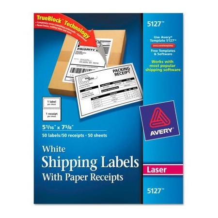 Avery Avery Shipping Labels with Paper Receipt, 5 1/16 x 7 5/8, White, 50/Pack 5127
